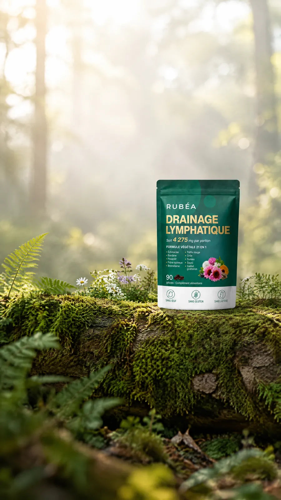 Sachet Rubéa Drainage lymphatique posé sur un tronc moussu en forêt